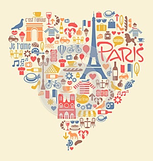 Muchas París, Francia Iconos de atracciones y lugares históricos en forma de corazón.
