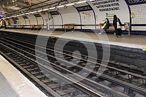 People waiting for metro at Concorde station, famous transport in Paris for rush hour, underground subway. concept