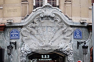 Detail of the facade of a building in Art Nouveau Style on the boulevard Madeleine in Paris