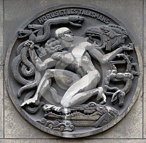 Horus and the talismans. Stone relief at the building of the Faculte de Medicine Paris. photo