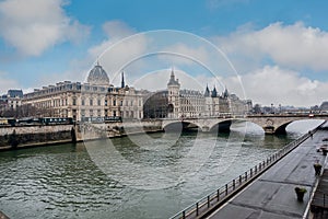 Landscape of Seine River with old bridges in Paris, France