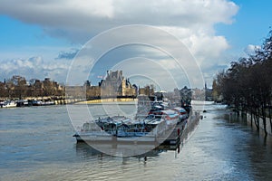 Paris, The banks of the Seine are flooded, the Seine is 6 meters above the level. Boats and barges can no longer circulate.