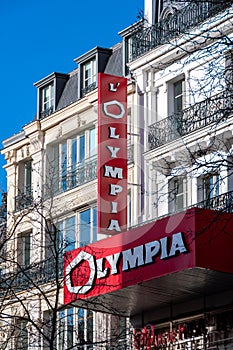 Sign and logo of the Olympia hall, a famous Parisian concert venue and music hall, Paris, France