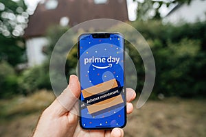 Amazon Prime Day logo seen on the latest iPhone smartphone display with green