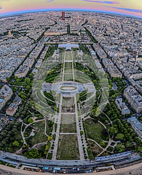 Paris, France, July 1, 2022. Breathtaking view of the city from above, at the foot of the Eiffel Tower, in the Champs de Mars
