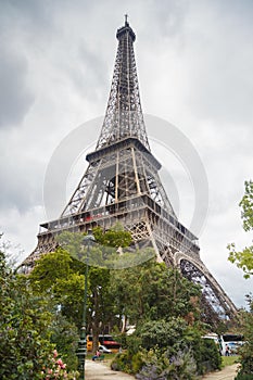 Paris, France - July 13 2019: The Eiffel Tower in overcast. Bottom view