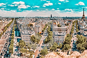 PARIS, FRANCE - JULY 06, 2016 : Beautiful panoramic view of Paris from the roof of the Triumphal Arch. Champs Elysees and the