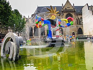 Spraying water sculpture  in Stravinsky Fountain near Centre Georges Pompidou