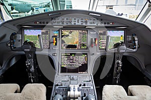 PARIS, FRANCE - JUN 21, 2019: Modern glass cockpit of the Dassault Falcon 2000S business jet at the Paris Air Show