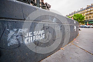 PARIS, FRANCE - JUNE 1, 2015 : Je suis Charlie graffity in a plaza in Paris against the terrorist attack on Charlie hebdo journal.