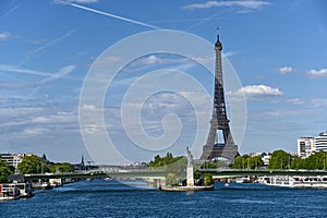Paris,France.June 2022.Amazing shot that collects two symbols of France: the Eifell tower and the statue of liberty at the base.An
