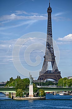 Paris,France.June 2022.Amazing shot that collects two symbols of France: the Eifell tower and the statue of liberty at the base.An