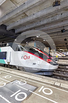 TGV high-speed trains of SNCF at Gare Paris Montparnasse railway station portrait format in France