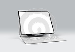 PARIS - France - March 15, 2023: Apple Ipad Pro Silver color with the white magic keyboard, - Realistic 3d rendering, front screen