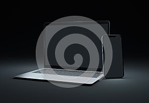 PARIS - France - March 15, 2023: Newly released Apple Macbook Air and Iphone 14, Silver color. Side view. 3d rendering laptop