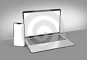 PARIS - France - March 15, 2023: Newly released Apple Macbook Air and Iphone 14, Silver color. Side view. 3d rendering laptop