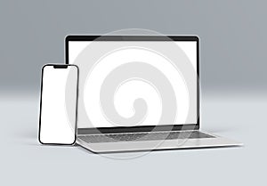 PARIS - France - March 15, 2023: Newly released Apple Macbook Air and Iphone 14, Silver color. Side view. 3d rendering laptop