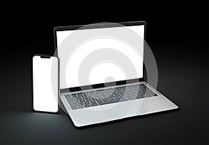 PARIS - France - March 15, 2023: Newly released Apple Macbook Air and Iphone 14, Silver color. Side view. 3d rendering laptop