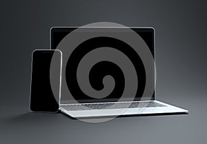 PARIS - France - March 15, 2023: Newly released Apple Macbook Air and Iphone 14, Silver color. Side view. 3d rendering laptop