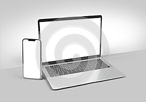 PARIS - France - March 15, 2023: Newly released Apple Macbook Air and Iphone 14, Silver color. Side view. 3d rendering laptop