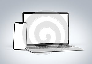 PARIS - France - March 15, 2023: Newly released Apple Macbook Air and Iphone 14, Silver color. Side view. 3d rendering laptop