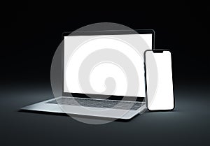 PARIS - France - March 15, 2023: Newly released Apple Macbook Air and Iphone 14, Silver color. Side view. 3d rendering laptop