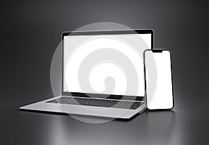 PARIS - France - March 15, 2023: Newly released Apple Macbook Air and Iphone 14, Silver color. Side view. 3d rendering laptop