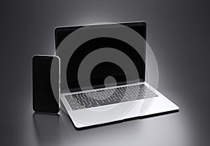 PARIS - France - March 15, 2023: Newly released Apple Macbook Air and Iphone 14, Silver color. Side view. 3d rendering laptop