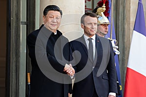 PARIS, FRANCE - MARCH 25, 2018 :  Emmanuel Macron welcoming Xi Jinping at ElysÃÂ©e Palace