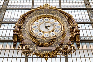 Paris, France, March 28 2017: Golden clock of the museum D`Orsay.The Musee d`Orsay is a museum in Paris, on the left