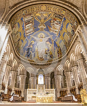 Paris, France - March 14, 2018: Main Altar inside The Basilica of the Sacred Heart of Paris, is a Roman Catholic church and minor