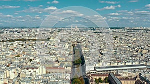 PARIS, FRANCE - MAY 30, 2023: Panorama aerial view of Paris city historical center. Top drone view of old and modern