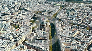 PARIS, FRANCE - MAY 30, 2023: Panorama aerial view of Paris city historical center. Top drone view of old and modern