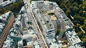 PARIS, FRANCE - MAY 30, 2023: Panorama aerial view of Paris city historical center. Top drone view of old and modern