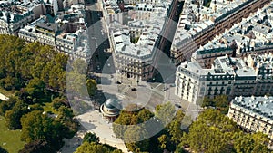 PARIS, FRANCE - MAY 30, 2023: Panorama aerial view of Paris city historical center. Top drone view of old and modern