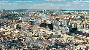 PARIS, FRANCE - MAY 30, 2023: Panorama aerial view of Paris city historical center. Top drone view of old and modern