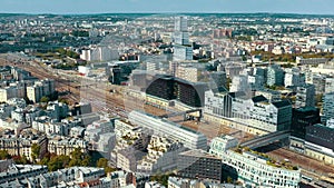 PARIS, FRANCE - MAY 30, 2023: Panorama aerial view of Paris city historical center. Top drone view of old and modern