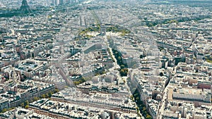 PARIS, FRANCE - MAY 30, 2023: Panorama aerial view of Paris city historical center. Top drone view of old and modern