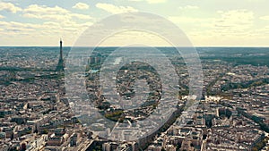 PARIS, FRANCE - MAY 30, 2023: Panorama aerial view of Paris city historical center. Top drone view of old and modern