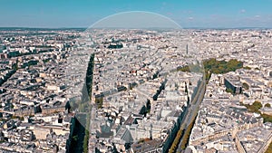 PARIS, FRANCE - MAY 30, 2023: Panorama aerial view of Paris city historical center. Top drone view of old and modern