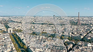 PARIS, FRANCE - MAY 30, 2023: Panorama aerial view of Paris city historical center. Top drone view of old and modern