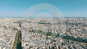 PARIS, FRANCE - MAY 30, 2023: Panorama aerial view of Paris city historical center. Top drone view of old and modern