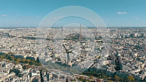 PARIS, FRANCE - MAY 30, 2023: Panorama aerial view of Paris city historical center. Top drone view of old and modern