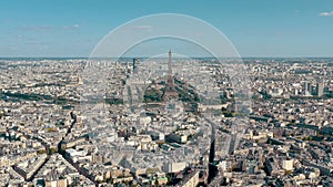 PARIS, FRANCE - MAY 30, 2023: Panorama aerial view of Paris city historical center. Top drone view of old and modern