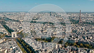 PARIS, FRANCE - MAY 30, 2023: Panorama aerial view of Paris city historical center. Top drone view of old and modern