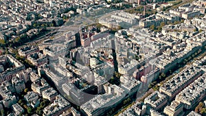 PARIS, FRANCE - MAY 30, 2023: Panorama aerial view of Paris city historical center. Top drone view of old and modern