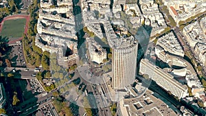 PARIS, FRANCE - MAY 30, 2023: Panorama aerial view of Paris city historical center. Top drone view of old and modern