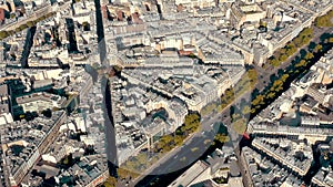 PARIS, FRANCE - MAY 30, 2023: Panorama aerial view of Paris city historical center. Top drone view of old and modern