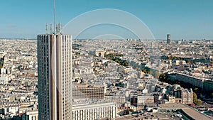 PARIS, FRANCE - MAY 30, 2023: Panorama aerial view of Paris city historical center. Top drone view of old and modern