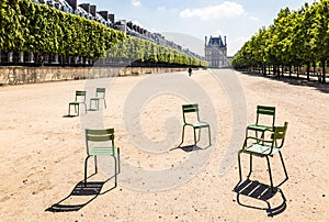 Lawn chairs scattered in a tree lined alley in the Tuileries garden in Paris, France